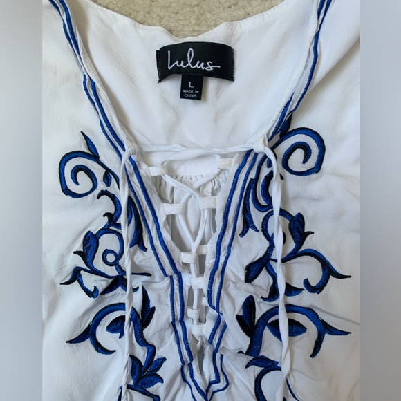 Lulu’s blue- embroidered tassle mini white tunic dress, Sz Large (feels medium) - Picture 2 of 5